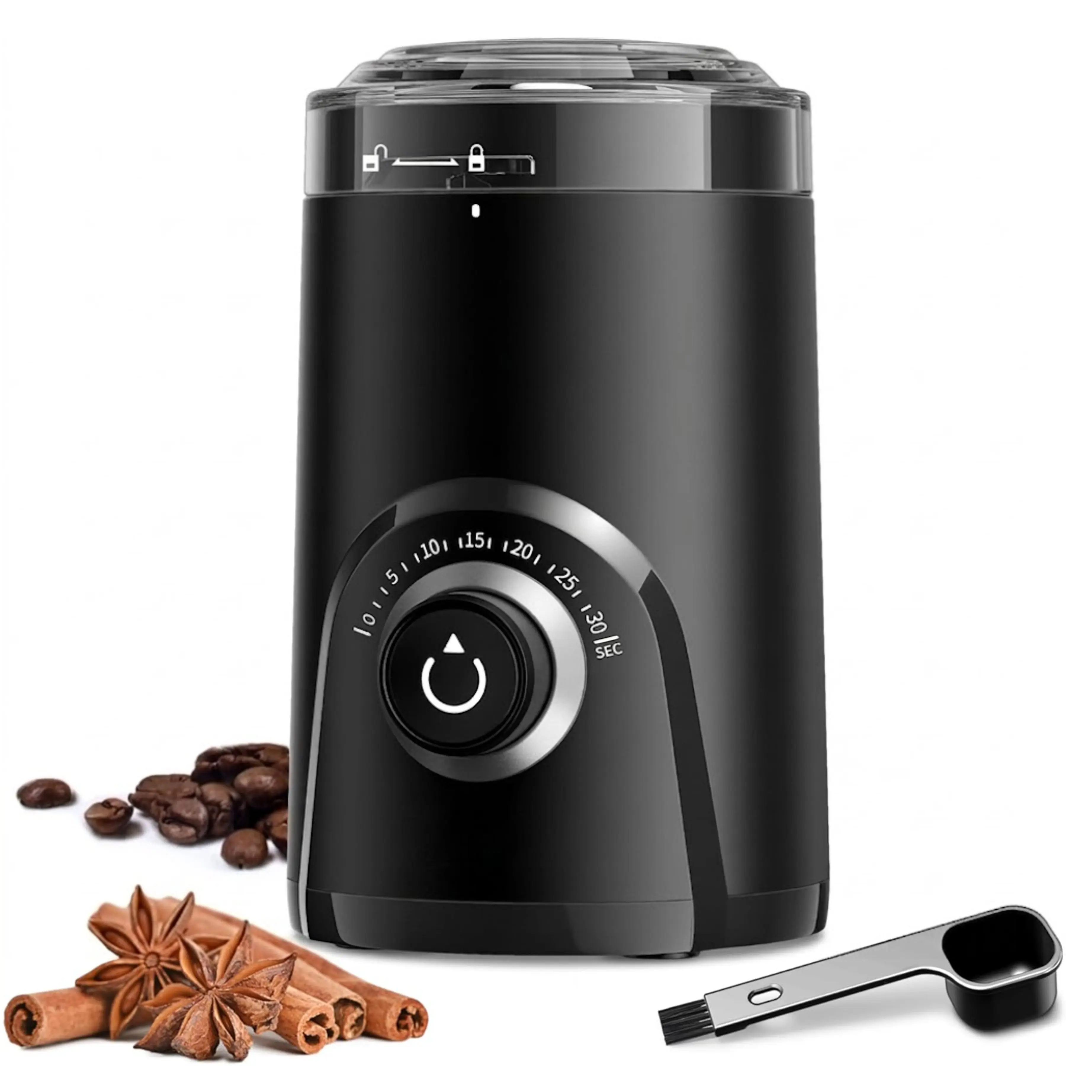 Super Silent Electric Coffee Grinder with Timer Control, Adjustable Coarse to Fine Grind, Blade Spice Grinder for Coffee Beans & Herbs, Portable Mini Coffee Mill, Fast Grinding Kitchen Gadget (Black)