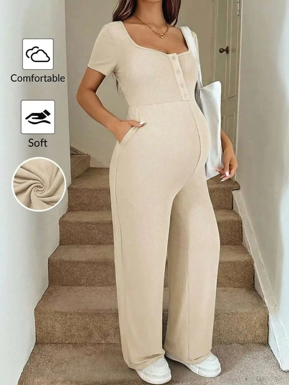 Maternity Jumpsuit, Adjustable Tie Waist Pregnancy Romper with Button Front for Daily Wear