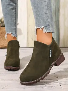 Women's Olive Suede Chunky Heel Short Boots, Side Zip Chelsea Boots, Fall Winter Versatile Commuter Walking Shoes Footwear