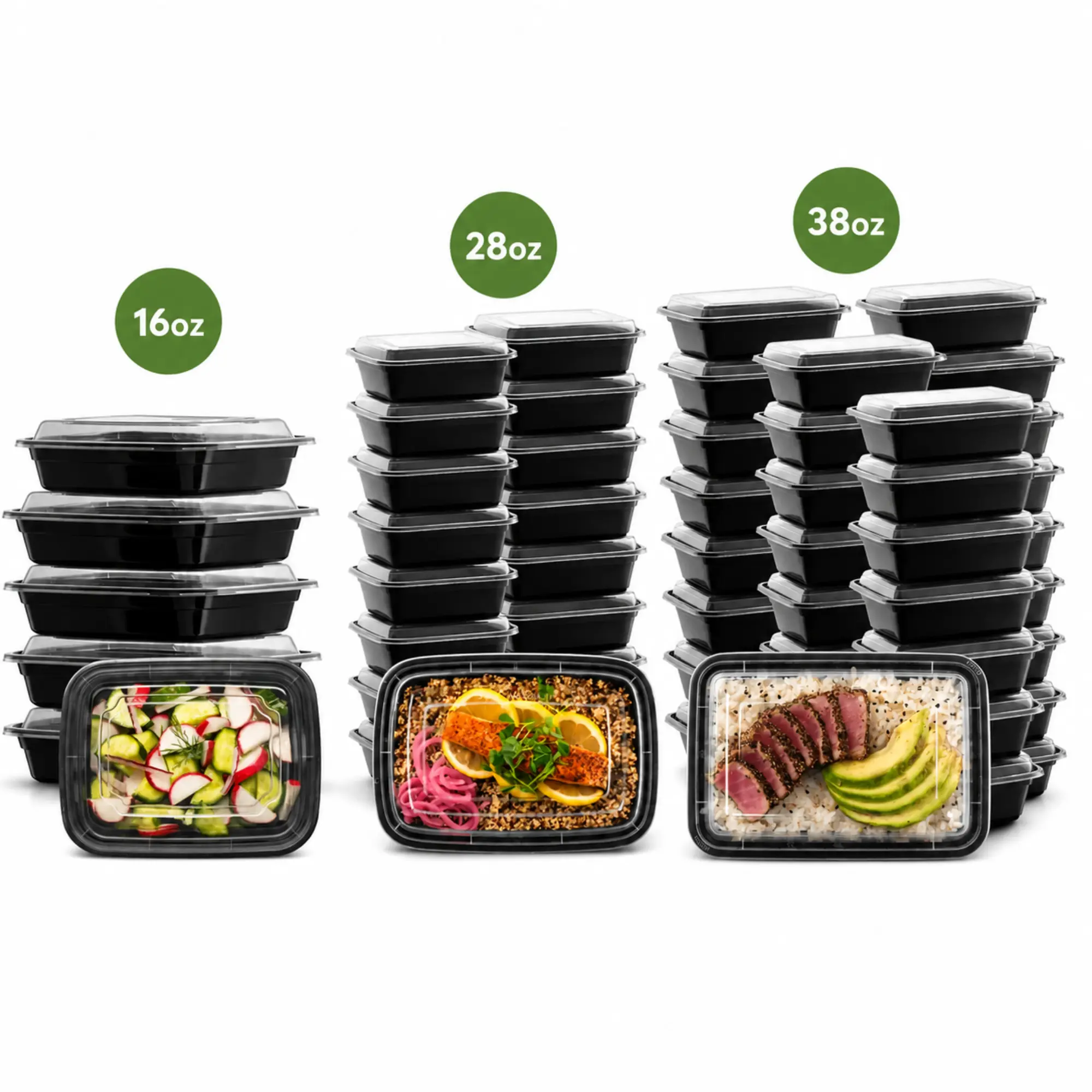 VeZee Rectangular Meal Prep Containers with Lids, BPA Free Plastic Food Storage Containers, Leak Resistant, Reusable, Microwave Freezer Dishwasher Safe, Stackable Meal Prep Boxes for Home, Lunch & Takeout, 16oz, 28oz, 38oz