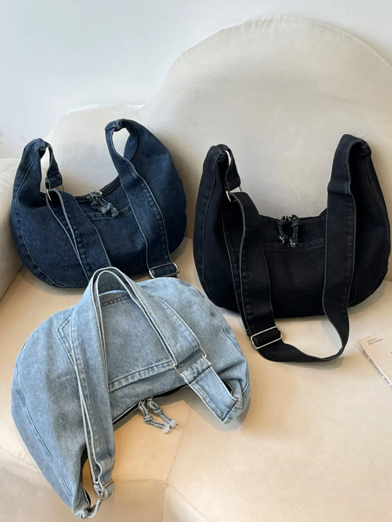 2026 Summer New Vintage Washed Denim Crescent Hobo Handbag Crossbody Bag, Half Moon Purse, Large Capacity Adjustable Shoulder Bag, Casual Commute Canvas Bag