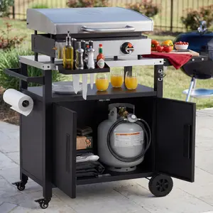 K&K Outdoor Grill Cart with Storage Cabinet, Foldable Table, Pizza Oven Table, Stainless Steel Top, Hooks, Spice Rack, Waterproof Cover, 4 Secure Locking Wheels, Heavy Duty Structure, 45 Gallons Closed Storage, 20 Gallons Open Storage