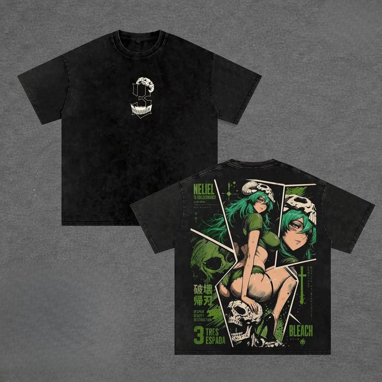 Japanese Anime BLEACH T-shirt Nelliel Tu Odelschwanck Vintage Washed T Shirt Summer Cotton Short Sleeve Tee Clothes Men Clothing 3