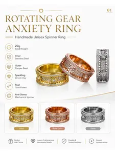 Rotating Gear Handmade Unisex Anxiety Ring, 20g Per Piece Solid Weight, Inner Stainless Steel Outer Copper Band Inlaid with Sparkling Zircon, Real Gold Plated Fade Resistant Long Lasting Color, Anti-Stress Mechanical Spinner Fidget Ring, Hypoallergenic St