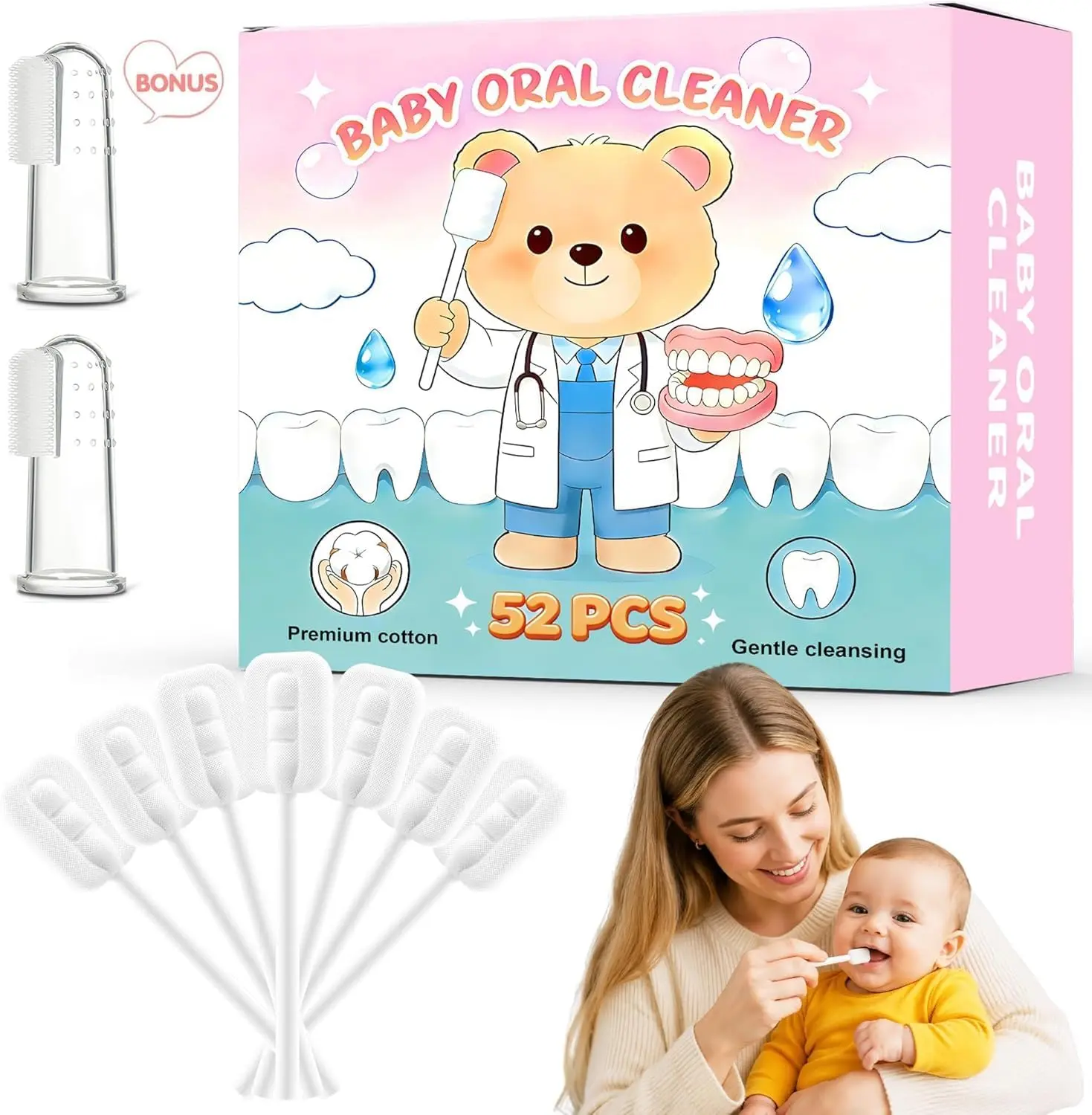 Baby Tongue Cleaner, 52Pcs Baby Oral Cleaner Soft Gauze Toothbrush Disposable Infant Mouth & Gum Cleaning Stick, Essential Dental Care for 0-36 Months Newborn + Free 2 Finger Toothbrush