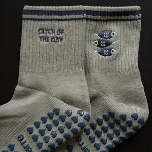 Catch of the Day Grip Socks- Grey Pilates Socks with Sardines - Sardine Barre Socks- Cute Grip Socks with Fish