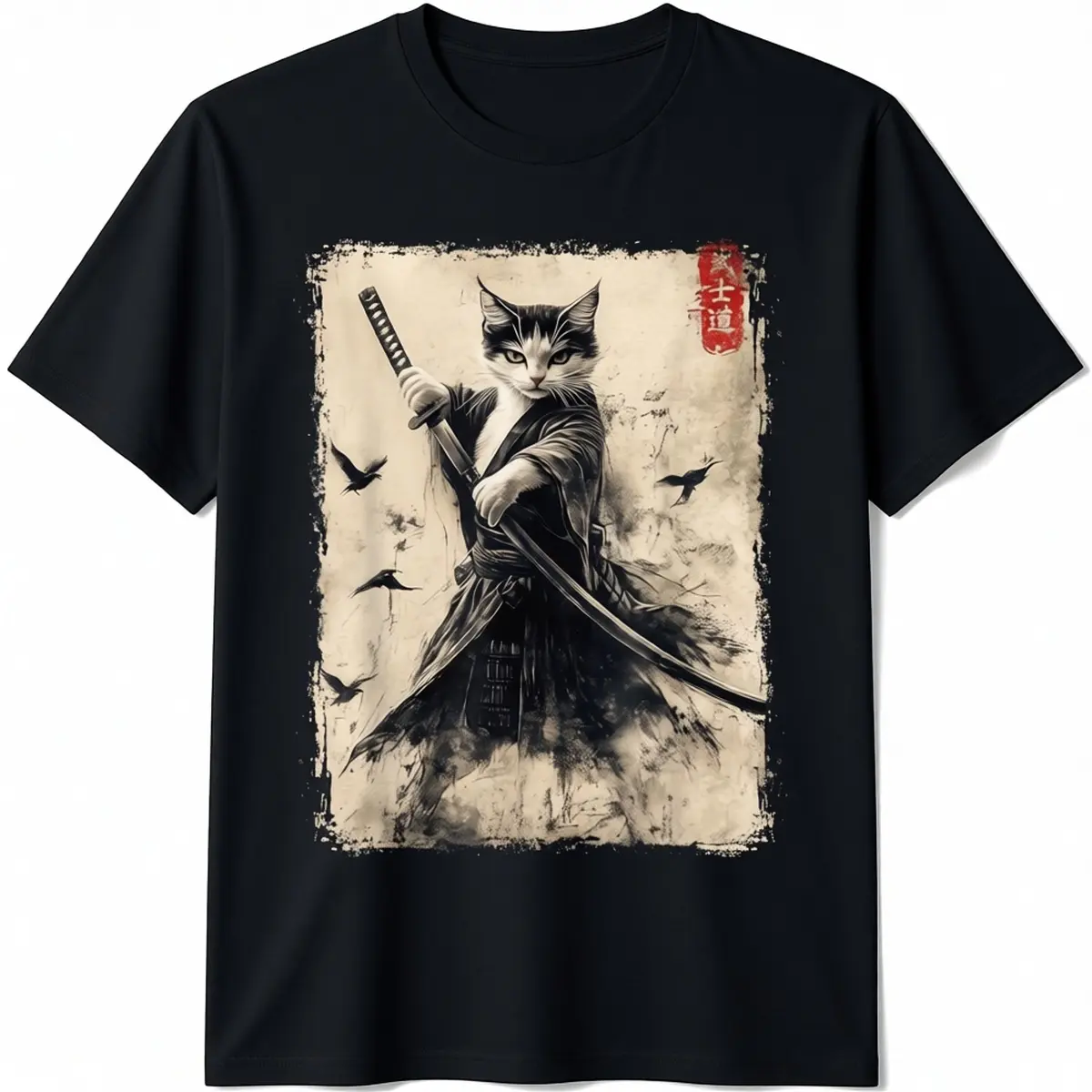 Men's Samurai Cat Graphic Shortsleeve Tshirt - Vintage Japanese Art Anime Warrior Fashion Top, Classic Cotton Round Neck, Casual Streetwear Gift for Him