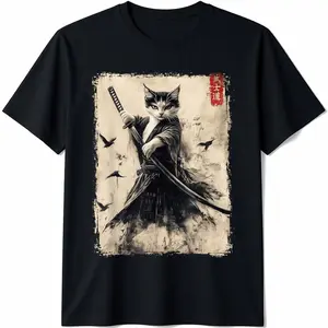 Samurai Cat Graphic Tee Warrior Vintage Japanese Art Anime T-Shirt men's graphic tees fashion round neck classic cotton tee gifts for him