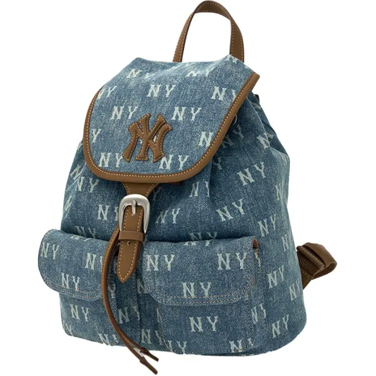 MLB New York Yankees Full-Print Monogram Cotton Casual Printed Backpack, Trendy Light Blue & Charcoal Stylish Daypack for Men, Trendy Backpack