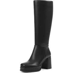 Knee High Platform Boots for Women Square Toe Elastic Tall Boots Vegan Leather Long Fall Boot Block Chunky Heel Side Zipper