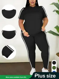 【Plus Size】 Two-Piece Set Side Stripe Tee & Skinny Pants, Casual Short Sleeve T-shirt & Trousers for Daily Wear, Women's Two-piece Set for Summer
