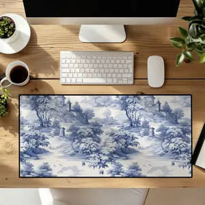 Custom Blue Toile Print Monogram Desk Mat, Personalized Gaming Mouse Pad Large Mousepad, Office gifts for her, Cute Desk Mat Pad, Keyboard