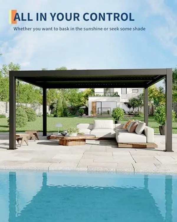 All-Aluminum Louvered Pergola 12 ft x 16 ft, Outdoor Pergola with Adjustable Louvered Roof, Reinforced Aluminum Frame, Integrated Drainage System, Hardtop Gazebo for Patio, Deck, Gray