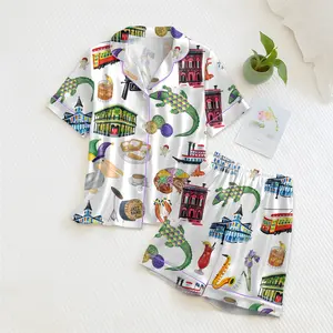 Mardi Gras Satin Pajama Set for Women with Colorful Mask, Beads, and Jazz Print – Fun New Orleans Themed Sleepwear for Party Lovers