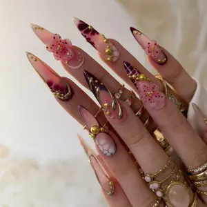 (MTO) BubbleNailArt Plum Blossom Aura 3D Hand-Sculpted Flower Snake Print Gold Stud Handcrafted Wearable Nail Art Fashion Hand Accessories