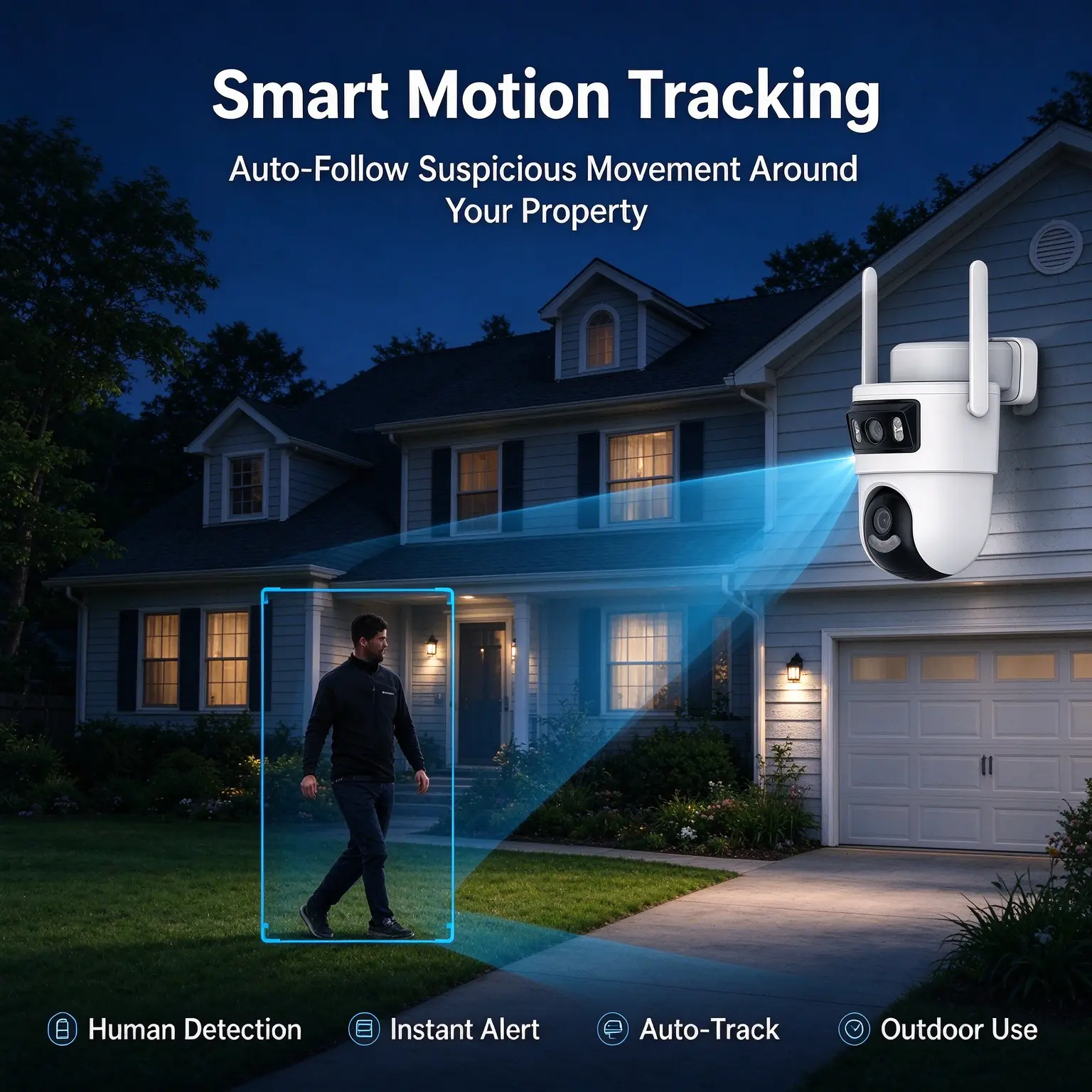 Smart Motion Tracking Camera with Auto-Follow Suspicious Movement Human Detection Instant Alert & Outdoor Use