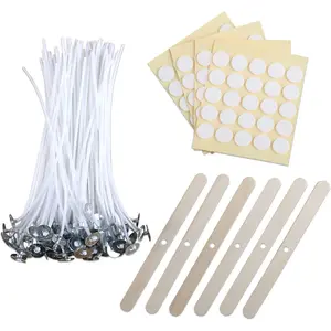 6" Candle Wick Bundle: 100 count Candle Wicks, 100 count Candle Wick Stickers and 6 count Wooden Candle Wick Holders - Wicks Coated with Paraffin Wax,  Wicks Kits for Candle Making.