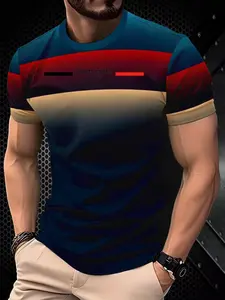 Men's Casual Striped Polyester Short Sleeve T-Shirt, Gradient, Ombre, Slightly Elastic Knit Fabric, Breathable Comfort, All Seasons Wear