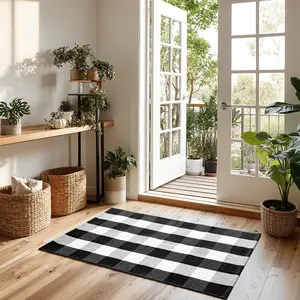 Buffalo checkered doormat rug, 27.5 x 43 inches, black and white checkered pattern, hand-woven pure cotton, suitable for indoor and outdoor places such as front porch, farmhouse, entrance, etc.