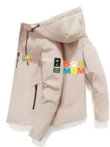 Men's Dgmom Logo Hooded Jacket, Casual Outdoor Coat with Dog Paw Print and Text, High-Quality Full Zip Pockets, Spring & Fall Pet Owner Walkwear