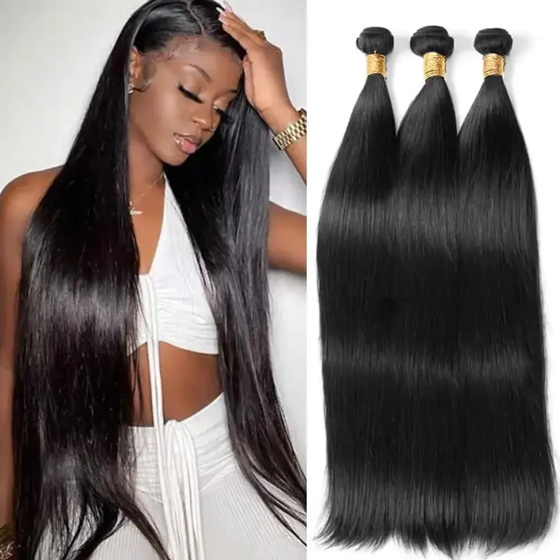 Virgin Human Hair Raw Straight Bundles - Double Drawn, Thick Ends, Ultra-Flat Seamless Weft Quick Weave Extensions (1 or 3 Bundles) with Natural Look