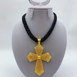 Dubai Gold Color Cross Pendant Jewelry for Women Man African Twisted Chain Wedding Party Ethiopian Eritrea Gift