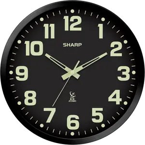 Sharp Glow in The Dark Atomic Analog Wall Clock, 12" Clock with Black Frame - Sets Automatically, Battery Operated, Easy to Read, See Day or Night!
