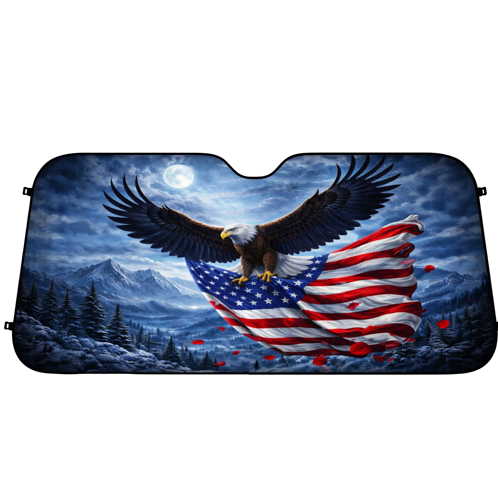 Patriotic Eagle Car Sunshade - America Flag Mountain Windshield Shade, Moonlit Scenic Auto Sun Protector, Foldable Front Window Cover, Heat Blocking Vehicle Accessory Gift for Car Owners