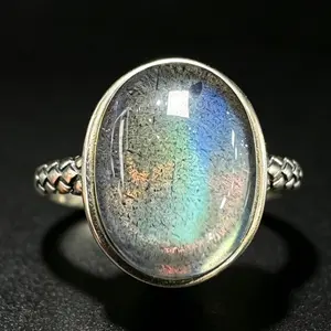 Braided Band 925 Sterling Silver Multi Flash Labradorite Adjustable Ring, Natural Oval 12*9mm Color Shift Labradorite Crystal Statement Ring For Women