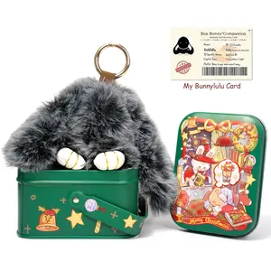 $Bunny Handmade Fluffy Bunny PomPom Keychain with Designed Tin Box, – Cute Christmas Gift, Travel Accessory & Birthday Present for Girls & Women