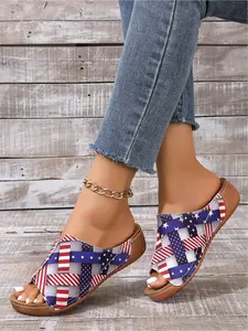 Women's American Flag Print V-Opening Wedge Sandals, Patriotic Star Stripes Slip-On Open-Toe Summer Shoes, Independence Day Footwear