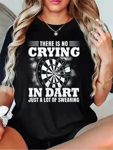Women's Funny Dart Quote T-Shirt - "There's No Crying in Darts; Just a Lot of Swearing" - Casual Short Sleeve Round Neck Tee with Humorous Saying, Black/Grey/White/Dark Red for Darts Players & Fans Gift