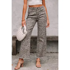 Brianna Leopard Frayed Edge Wide Leg High Waist Jeans