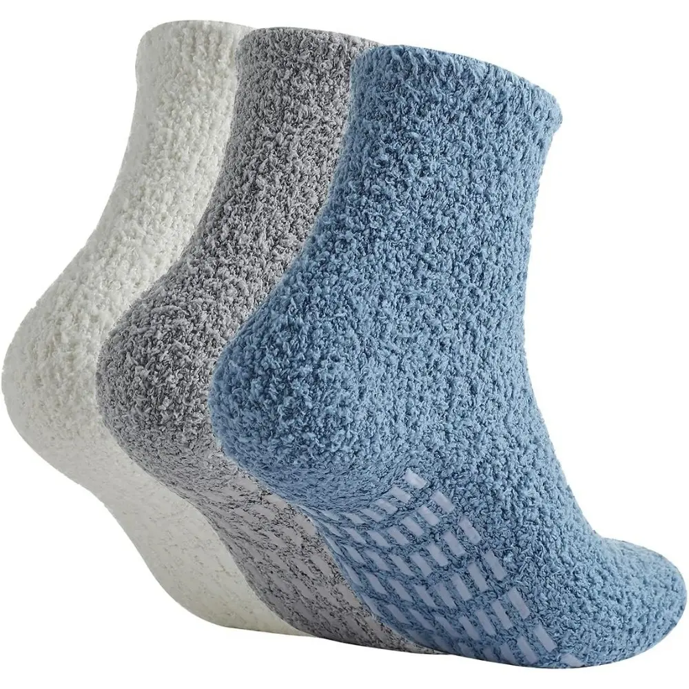 Women's 3-Pairs Mix Polyester-Spandex Fuzzy Plush Winter Warm Athletic Crew Socks - Thick, Strong Dot Grip, Pastel Colors, Soft Cozy, Indoor/Outdoor Footwear, Ideal for Daily Wear, Hospital, Dancing, Pilates, Valentines Day Gifts, Christmas, Three Pairs