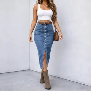 Women's High-Rise Denim Bodycon Skirt, Button Front Slit Midi Jean Skirt with Pockets, Stretchy Washed Mid-Length Pencil Skirt for Western Style & Daily Outfits