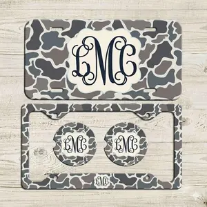 Personalized Gray Camo Monogram License Plate Frame and Car Coaster Set, Custom Initials Auto Accessories, Camouflage Car Decor Gift for Her