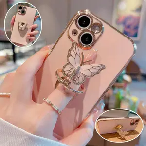 Butterfly Design Aesthetic Phone Case with Ring Holder, 1 Set Fashion Phone Protective Case, Phone Accessories Compatible with iPhone 11 12 13 14 15 16 Series