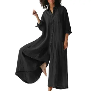 UTCOCO Women's Linen Button Down Long Sleeve Wide Leg Jumpsuit Beach Palazzo Pants One Piece Jumpsuit Minimalist Lightweight Breathable Spring Outfit