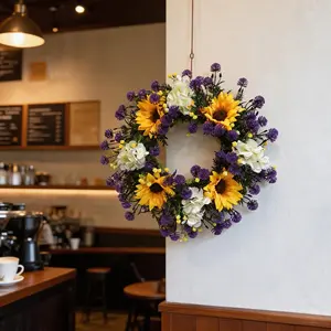 1pc purple yellow flower wreath, sunflower, hydrangea, dandelion simulation flower wreath, home decoration, home decoration, room decoration, bedroom decoration flower wreath, summer and autumn flower wreath, garden, door and window, staircase decor