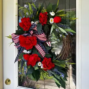 Independence Day Patriotic Wreath, Peony Front Door Decoration, American Flag Bow Wreath, Americana Country Door Hanging, Indoor Outdoor Decor