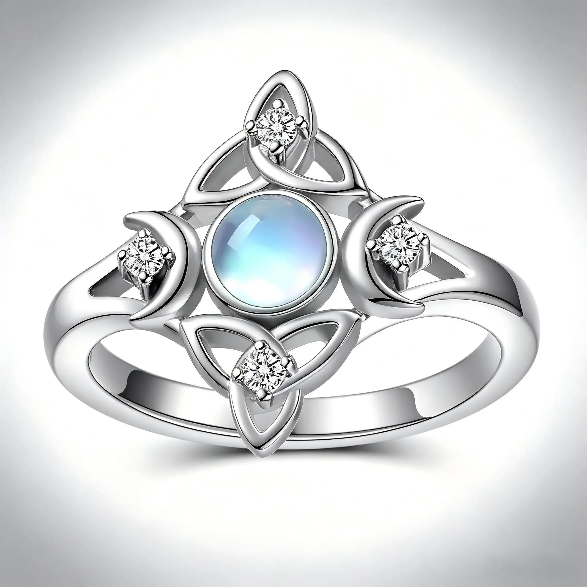 Women's 925 Silver Witches Knot Moonstone Ring - Celtic Triple Moons Gothic Theme Jewelry, Multi-Size Alt Accessories for Women, Gift Idea