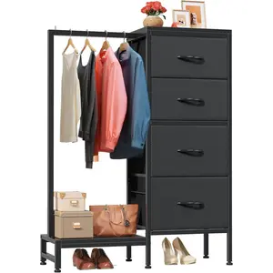 Dresser with Hanging Rack, 4 Drawers Small Closet for Bedroom, Reversible Fabric  Chest of Drawers with Clothes Rack, Tall Storage Tower, Sturdy Frame, Black, 44''H