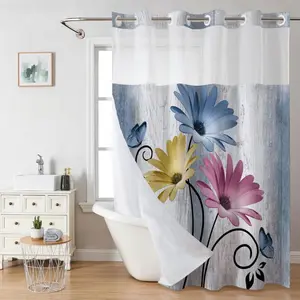No hooks double-layer shower curtain, Daisy printed waterproof fabric, retro country style home decoration, hotel, dormitory and bathroom accessories, 72x75in Colour