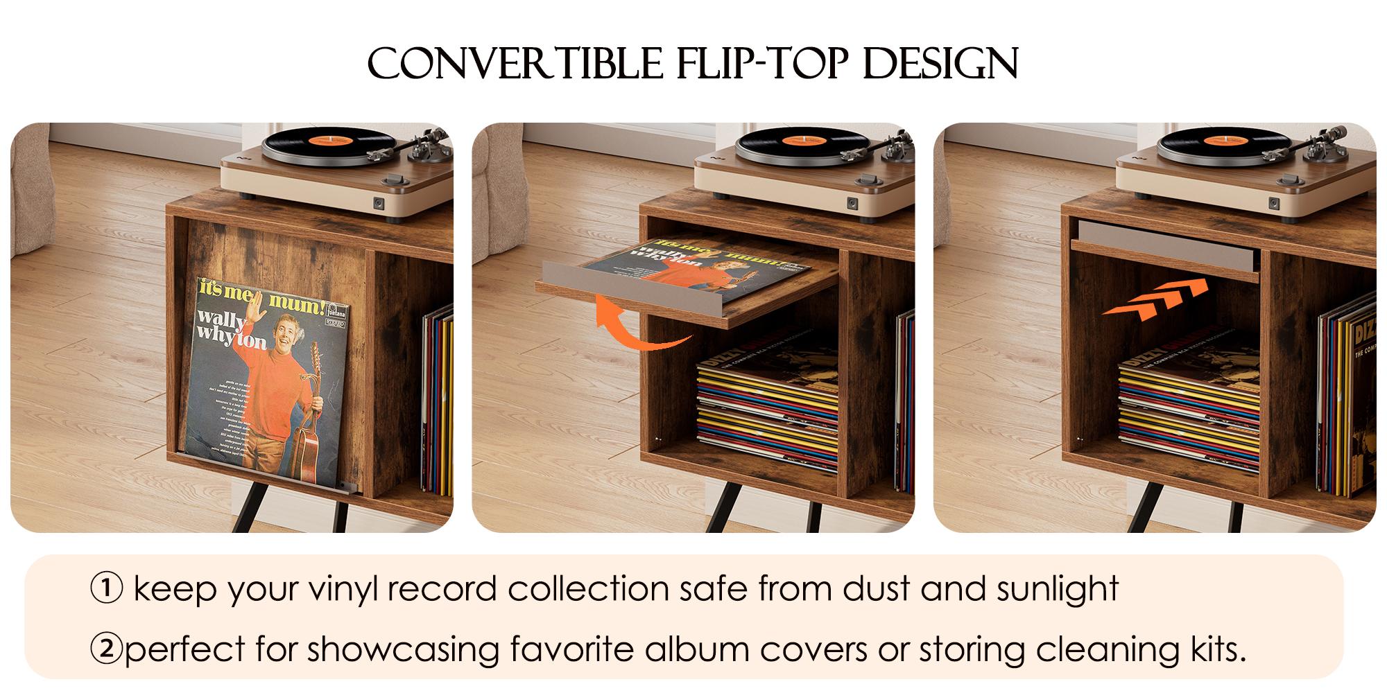 Vinyl Record Player Display Stand with Flip-Top Cover, 150LBS Capacity Turntable Shelf with U-Shaped Dividers, Record Storage Cabinet for Living Room Bedroom, Brown Tiger Wood Finish & Black Metal Frame
