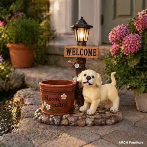 Lifelike ARCH Labrador Puppy Resin Planter Garden Statue with Planter Back, Weatherproof Outdoor LED Decor, Solar Lights for Glow Illumination, Backyard Decor