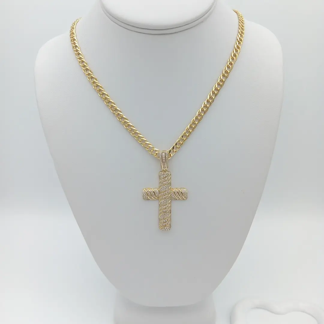 Yordy Italian Figaro style chain with Cross pendant, 20 inch long unisex necklace, 14k gold plated, high quality.