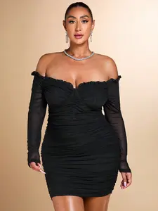 Women’s black off-shoulder mesh dress with ruffle ruching, slim bodycon fit, hip-hugging design, sexy hot-girl short skirt
