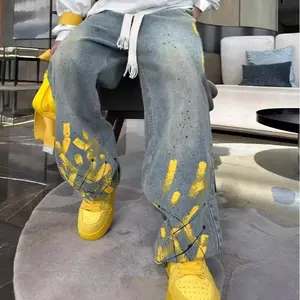 Light Blue Jacquard Streetwear Jeans for Men & Women Loose Straight Flared Pants with Elastic Waistband Machine Washable All-Season Comfort Regular Fit High-Street Style Unisex Fashion Cool Tone Durable Denim Trouser