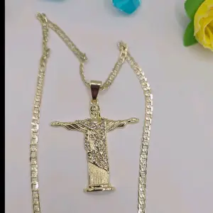 Christo Redentor Religious Necklace Cuban Link Style Gold Plated with Detailed Statue Pendant Rhinestone Decorated Cross Stainless Steel Jewelry