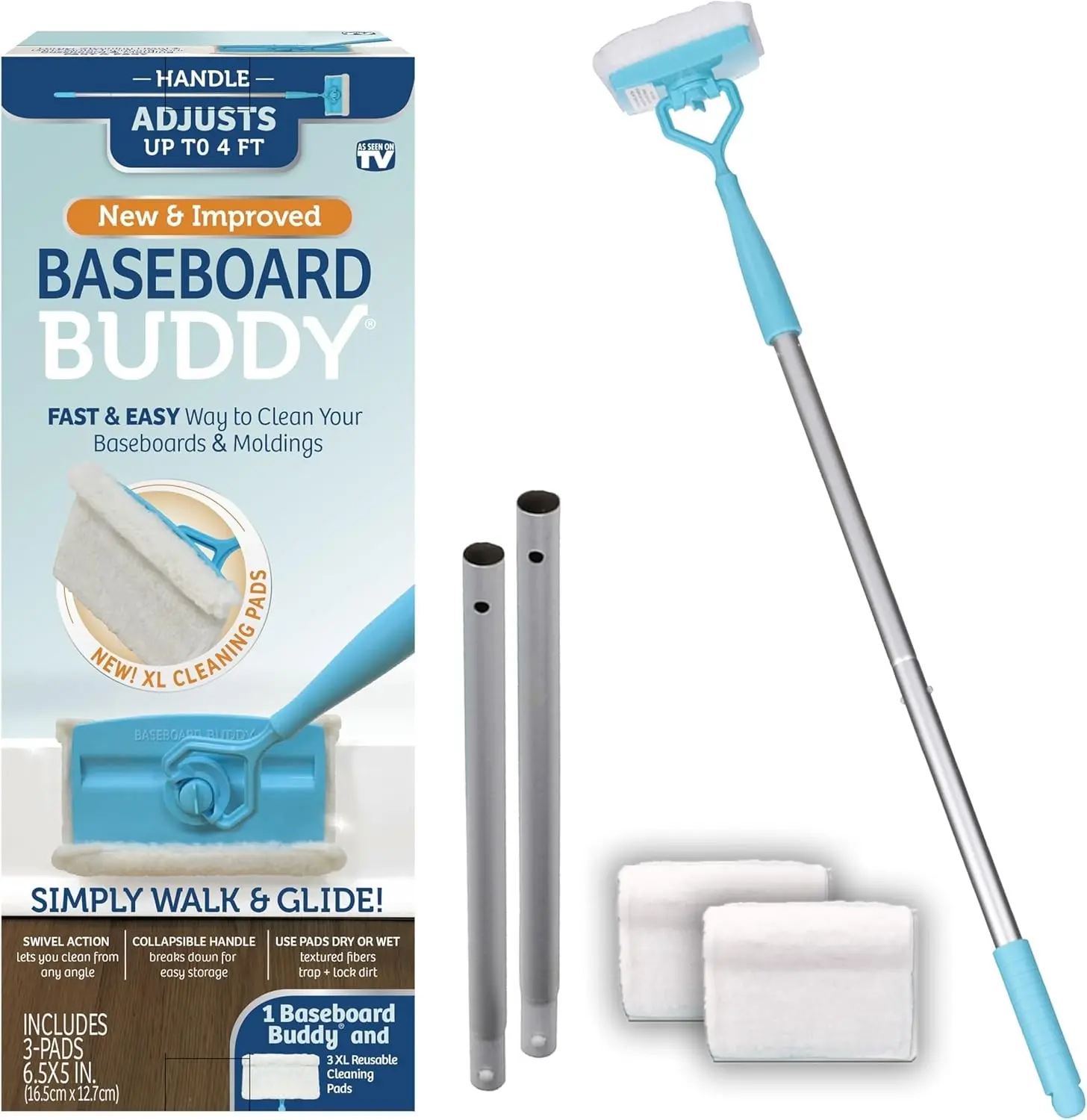 Lightweight Home Cleaning Essential, Perfect for Baseboards, Moldings & Walls, Glide & Wipe Trapping & Locking Dirt & Dust, As Seen on TV, 1 Cleaner & 3 Reusable Pads
